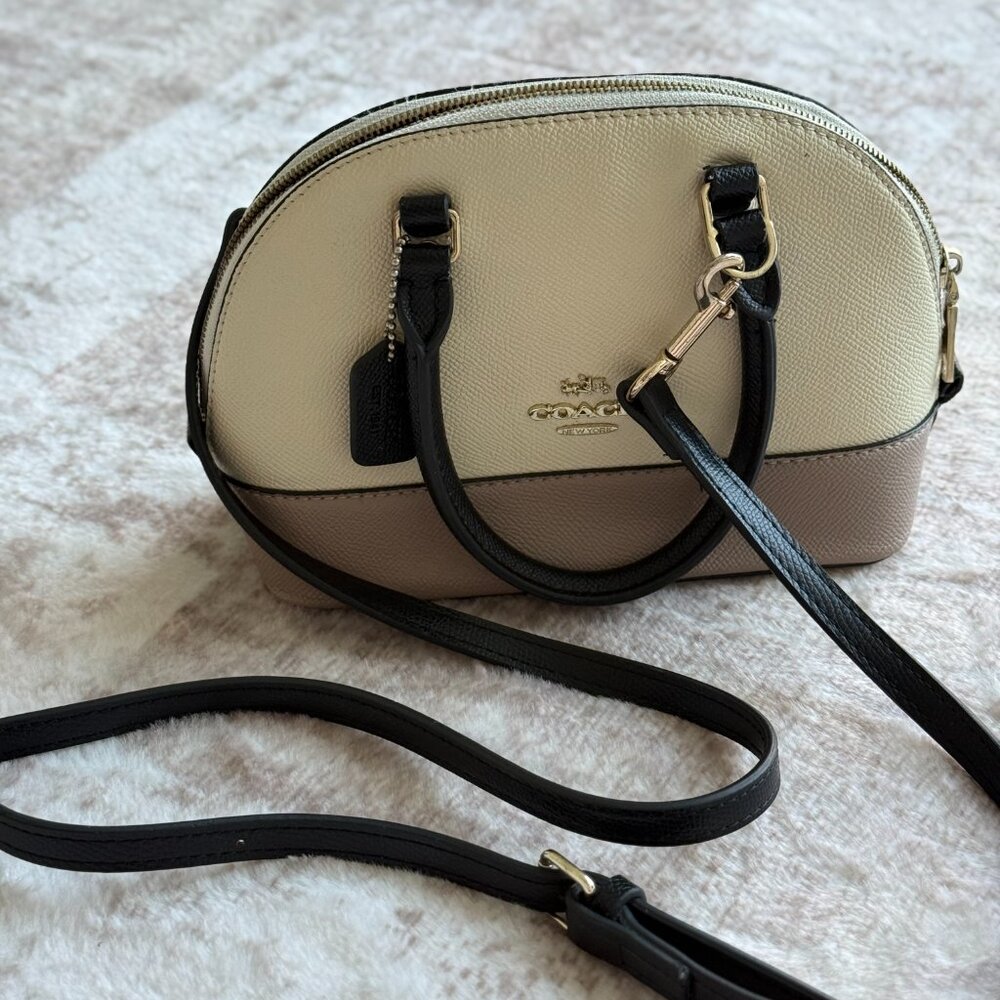 Coach Mini Sierra Satchel Colorblock Crossbody Bag Leather Cream Taupe Black - Picture 8 of 13